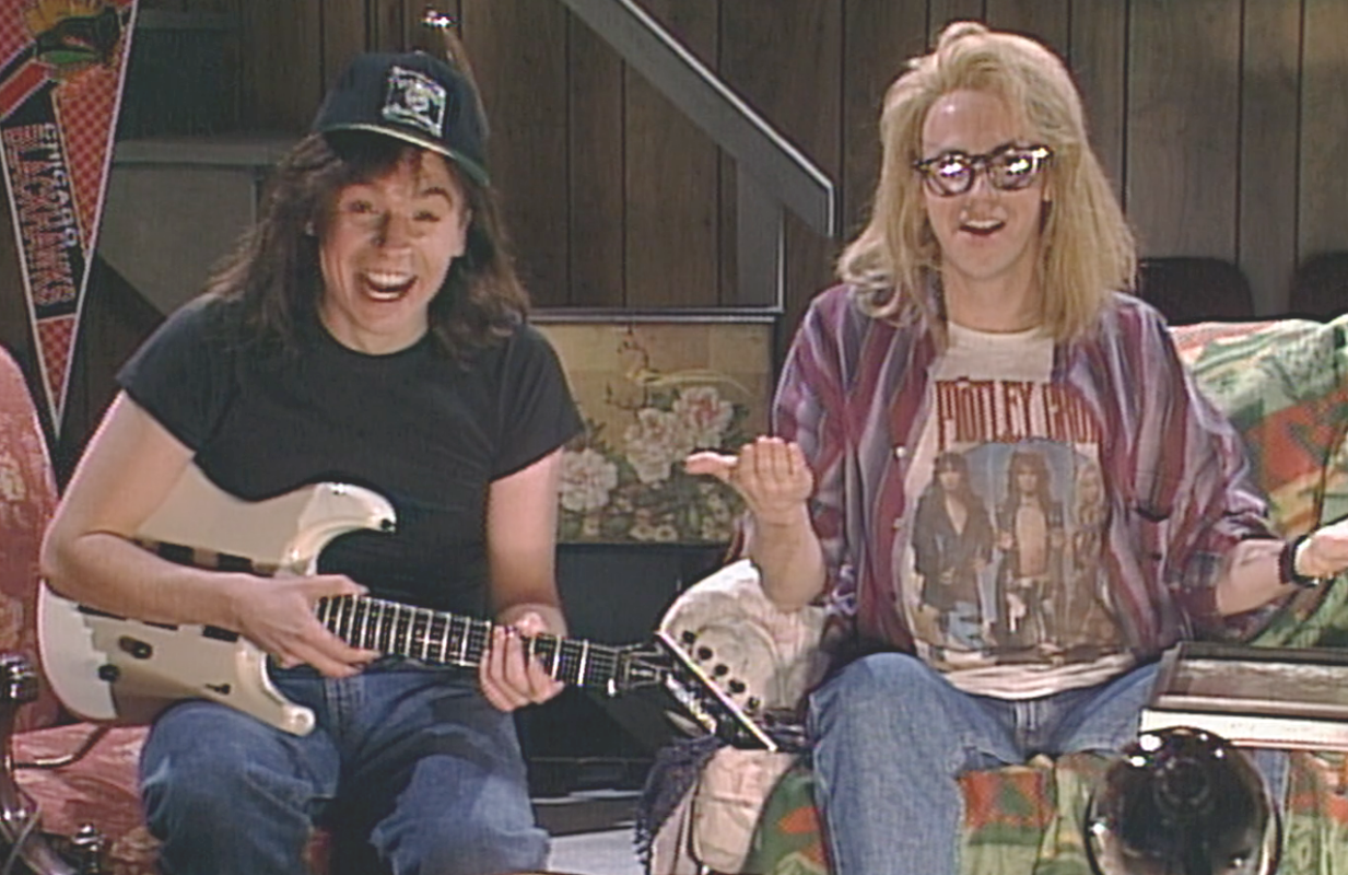 Mike Myers and Dana Carvey in a screenshot from the first "Wayne's World" sketch.