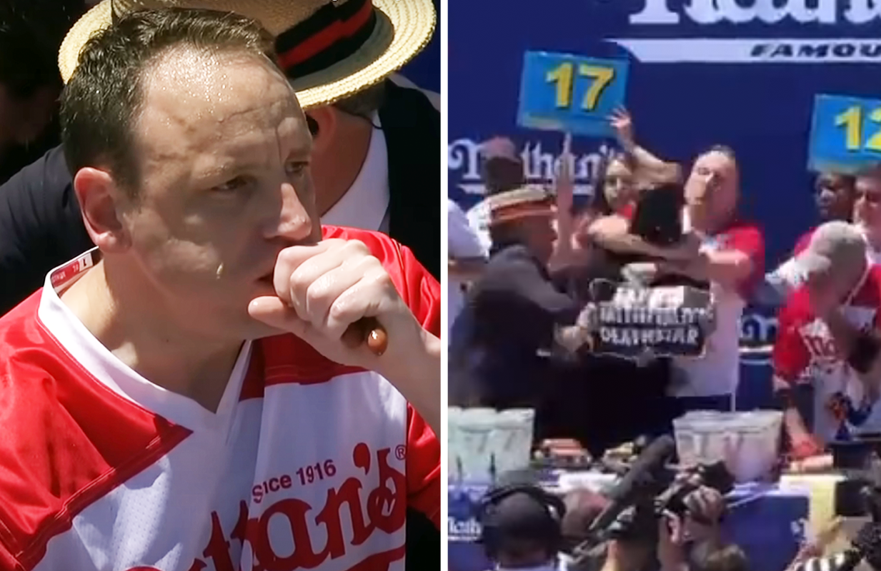 Joey Chestnut at the 2022 Nathan's Hot Dog Eating Challenge (Photo: ESPN/YouTube/Twitter)