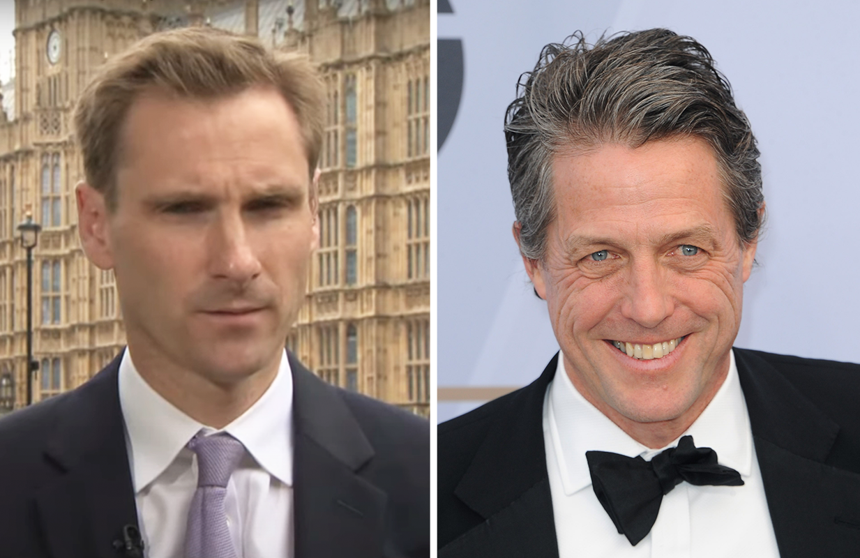 A conservative MP on Sky News; Hugh Grant (Photos: Sky News/Everett Collection)