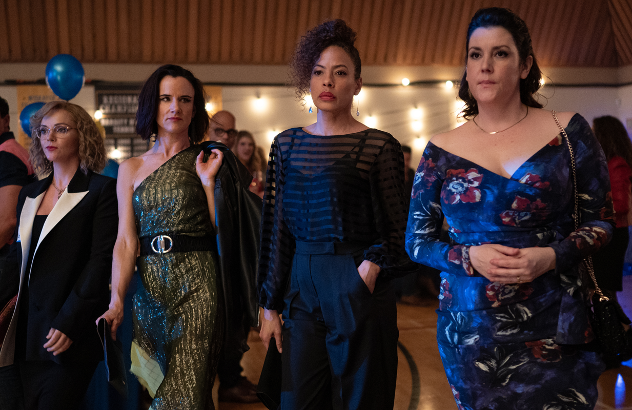 Christina Ricci as Misty, Juliette Lewis as Natalie, Tawny Cypress as Taissa, and Melanie Lynskey as Shauna in Yellowjackets (Photos: Kailey Schwerman/Showtime)