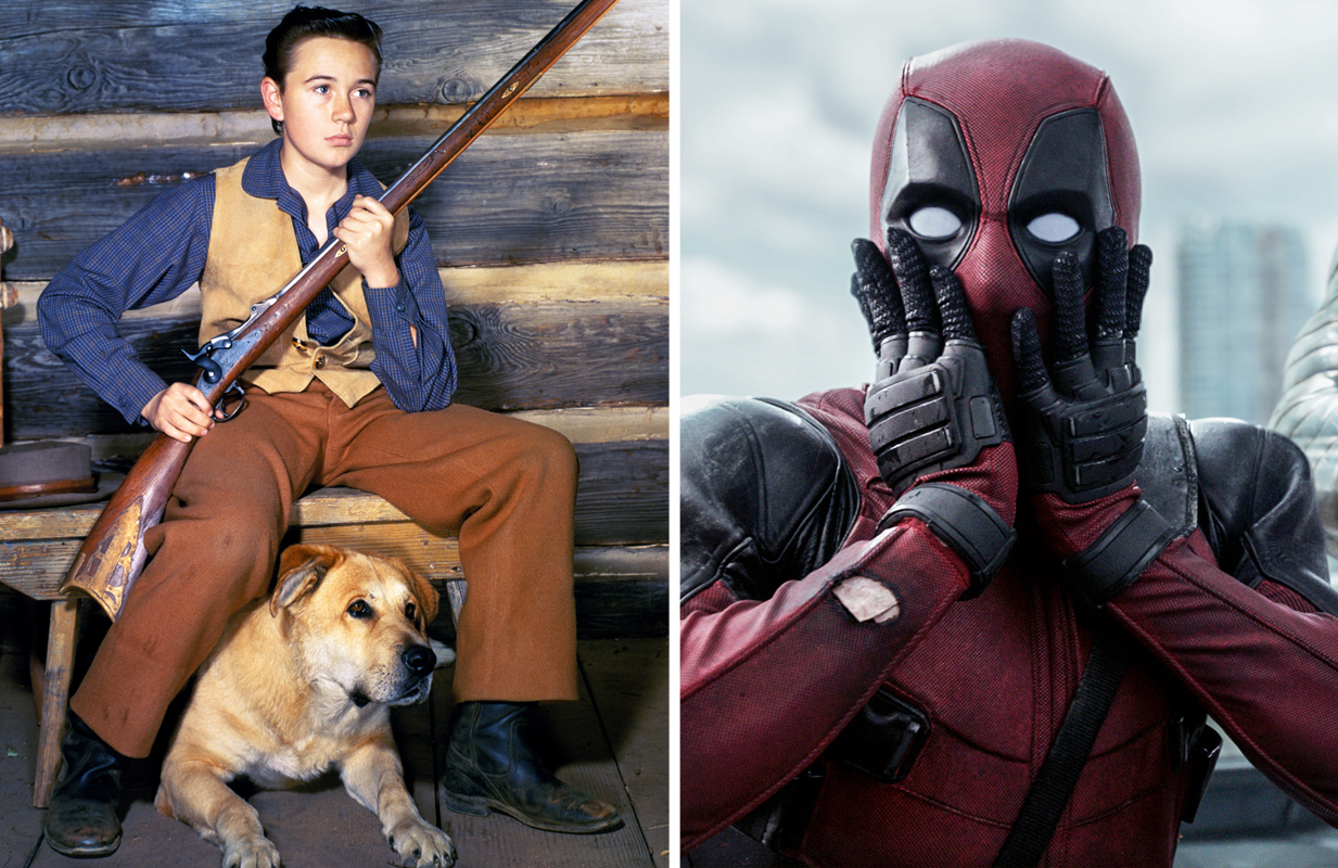Tommy Kirk as Travis Coates in Old Yeller and Ryan Reynolds as Deadpool in Deadpool (Photos: Everett Collection)