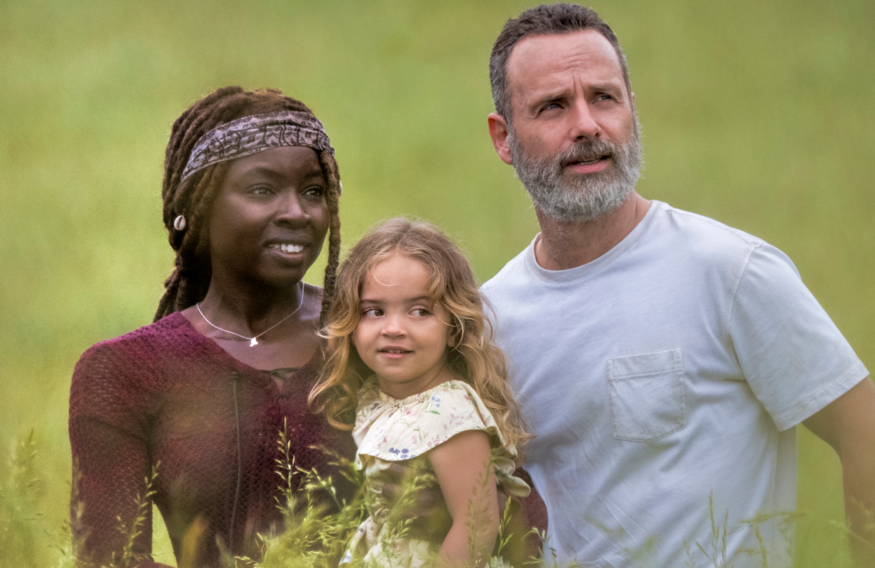Andrew Lincoln as Rick Grimes, Danai Gurira as Michonne, Chloe Garcia as Judith in The Walking Dead (Photo: Jackson Lee Davis/AMC
