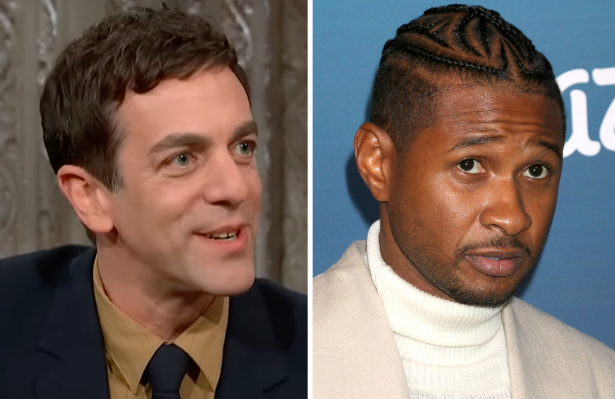 B.J. Novak on The Late Show with Stephen Colbert and Usher Raymond (Photos: CBS/Everett Collection)