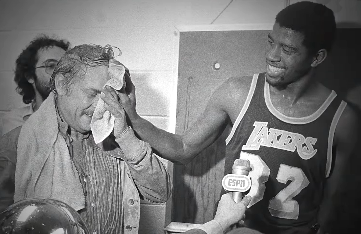 Jerry Buss and Magic Johnson celebrate the Lakers 1980 championship victory in an image from Legacy: The True Story of the LA Lakers. (Photo: Hulu)
