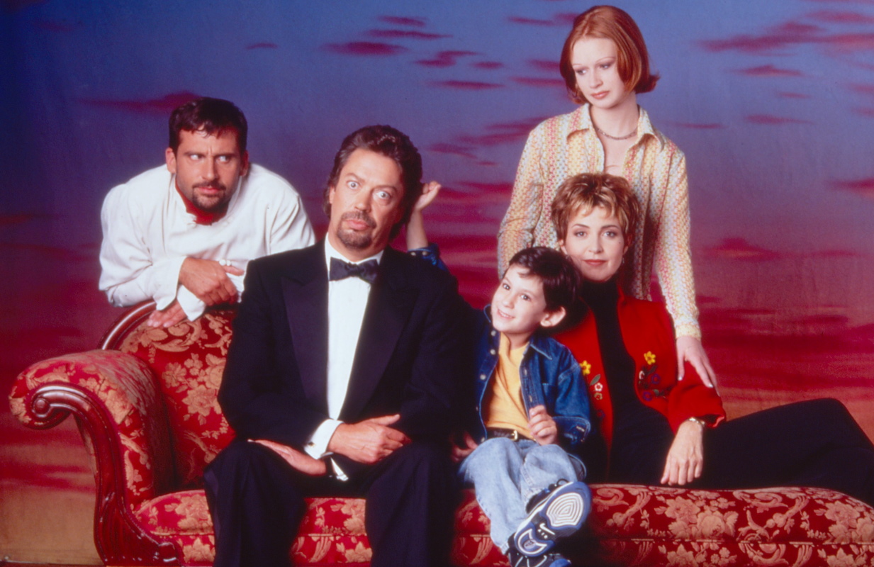 Steve Carell, Tim Curry, Luke Tarsitano, Annie Pott, and Marla Sokoloff in a 1997 promotional photo for Over the Top. (Photo: Columbia TriStar Television/Everett Collection)