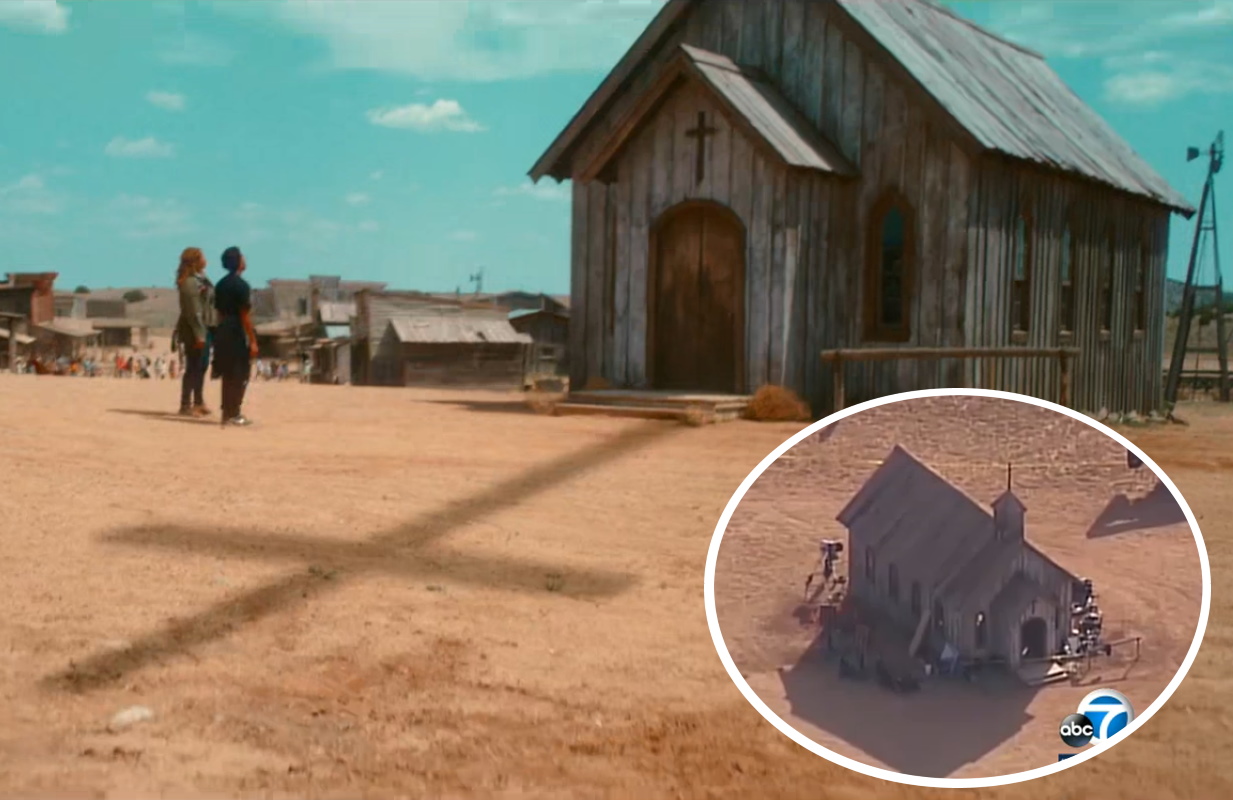 Queen Latifah and Chris "Ludacris" Bridges in the trailer for Netflix's End of the Road. (Inset photo: the Rust photographed from above shortly after Halyna Hutcins' death.)