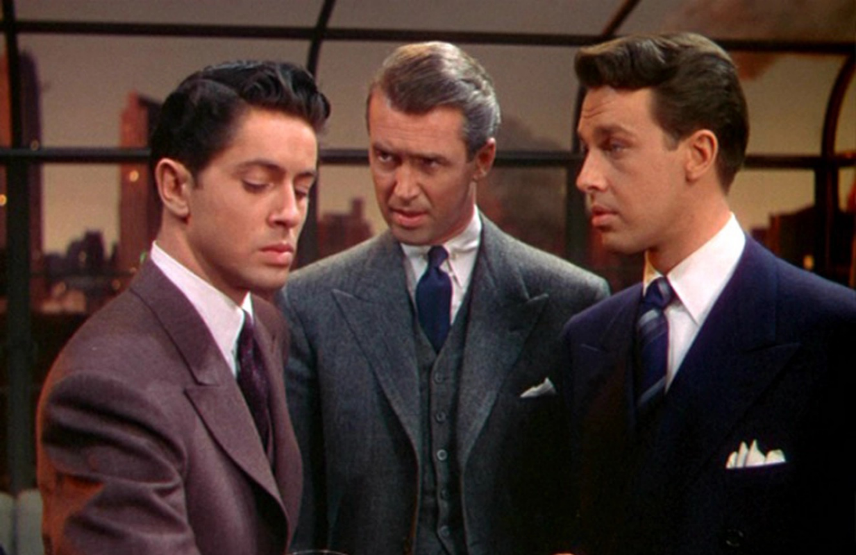 Farley Granger, James Stewart, and John Dall in Rope.