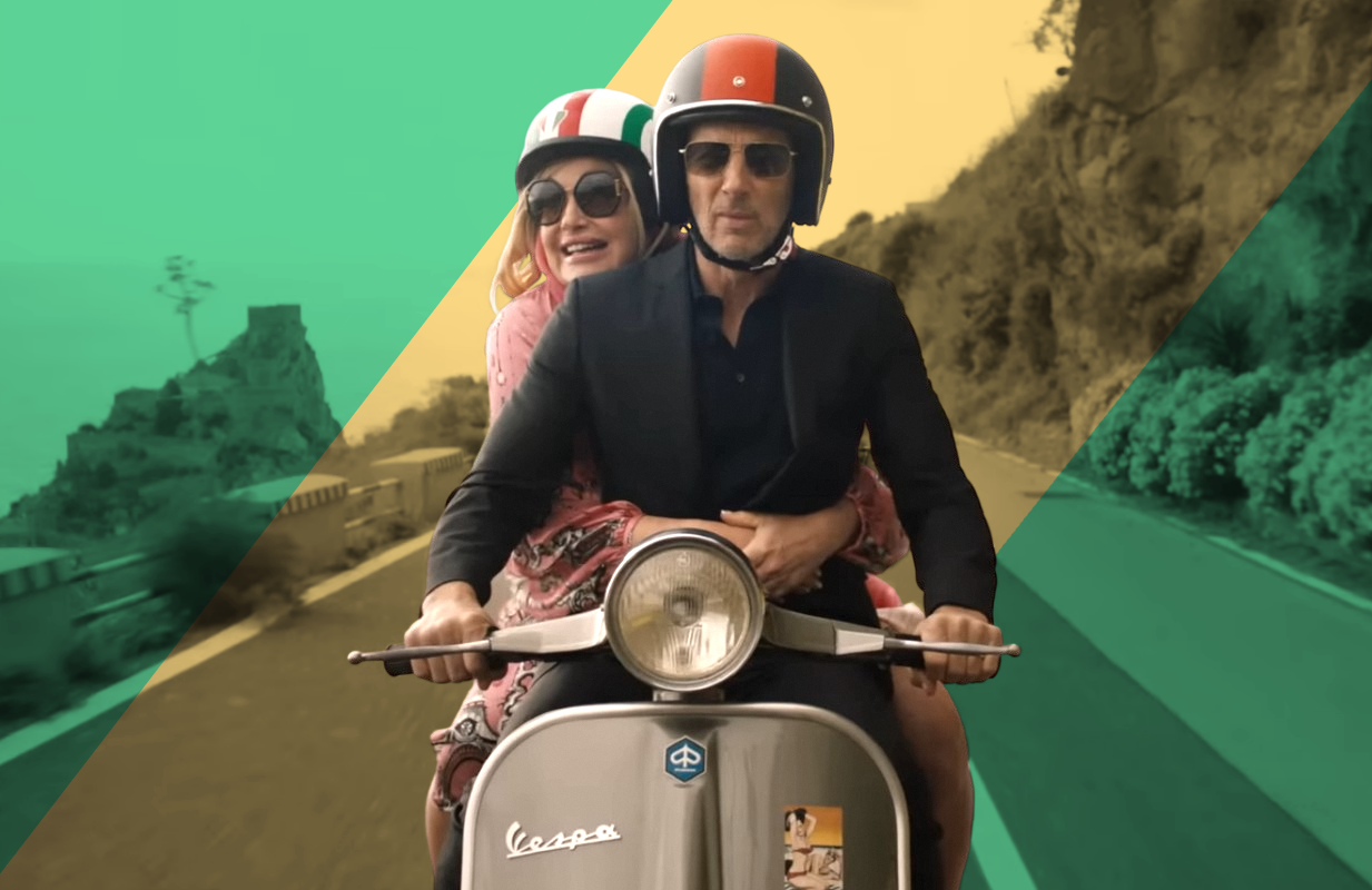Tanya McQuoid (Jennifer Coolidge) hits the coast of Italy with Greg (Jon Gries) in an image from The White Lotus Season 2. (HBO/Primetimer graphic)