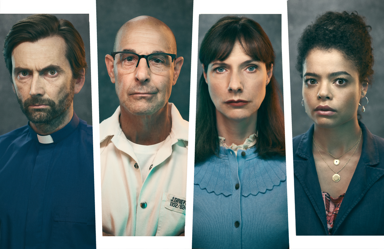 David Tennant, Stanley Tucci, Dolly Wells and Lydia West in Inside Man. (Photos: Sam Barker/Hartswood Films Ltd/Netflix)