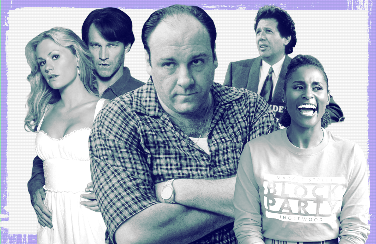 True Blood, The Sopranos, The Larry Sanders Show, and Insecure are among the shows that have defined HBO's first 50 years. (Photos: HBO/Primetimer graphic)