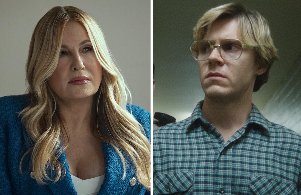 Jennifer Coolidge in The Watcher, Evan Peters in Monster. (Photos: Netflix)