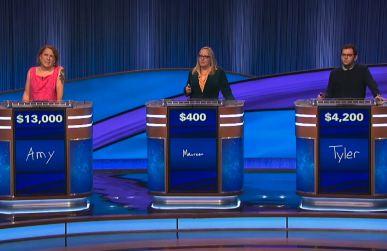 Amy Schneider, Maureen O'Neil, and Tyler Rhode compete on Jeopardy!. (Photo: Jeopardy!/Twitter)
