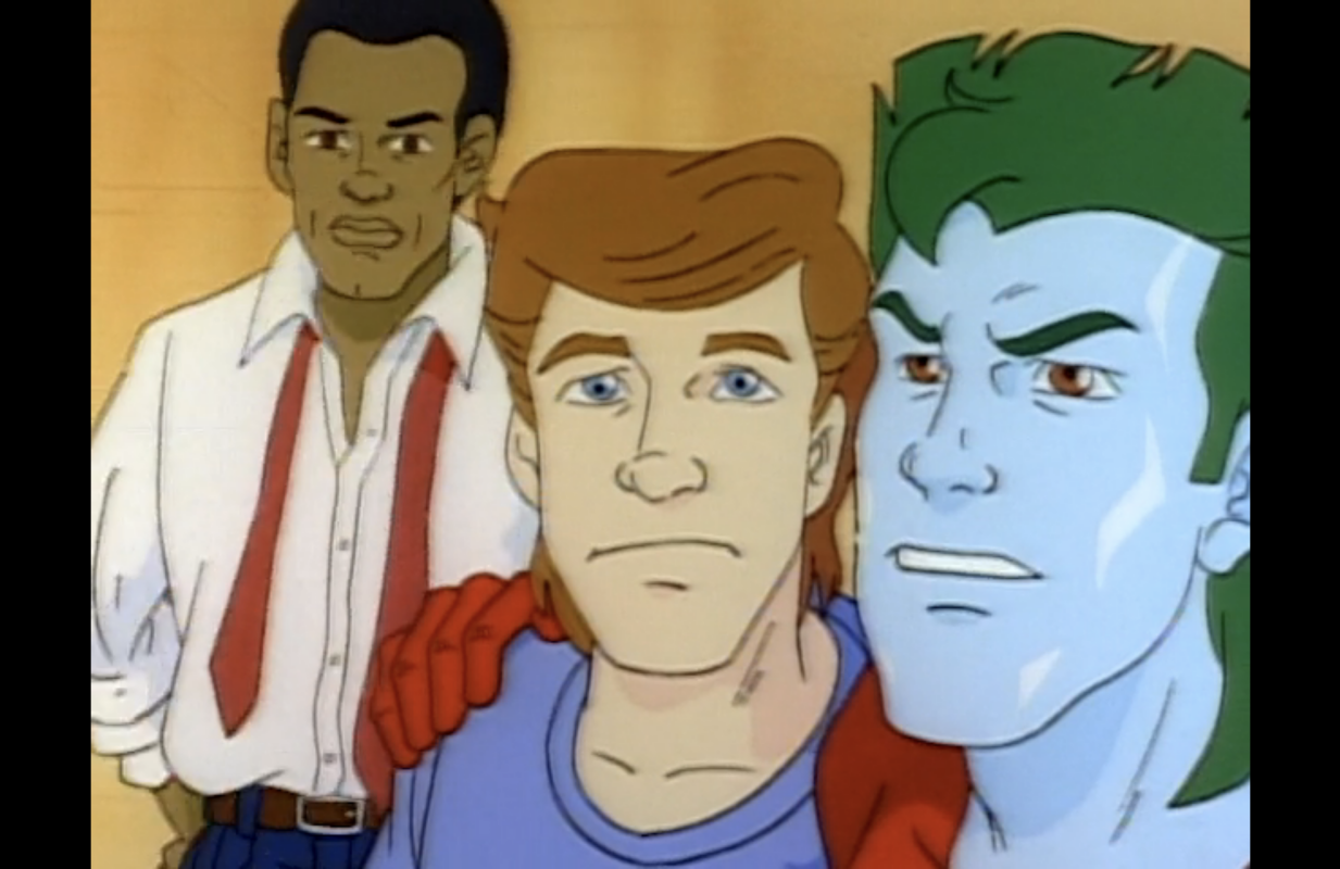 From left: A frustrated school employee joins Kevin and Captain Planet (Photo: TBS)