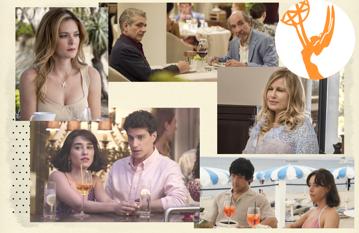 Meghann Fahy, Simona Tabasco, Adam DiMarco, Michael Imperioli, F. Murray Abraham, Will Sharpe, Jennifer Coolidge, Aubrey Plaza  (Photo: Fabio Lovino/HBO, Primetimer graphic)