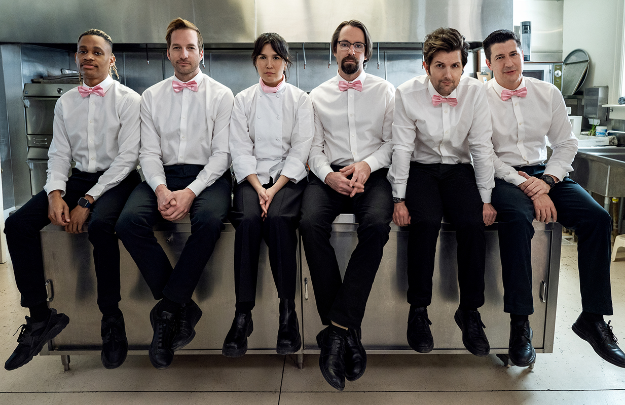 Tyrel Jackson Williams, Ryan Hansen, Zoë Chao, Martin Starr, Adam Scott, and Ken Marino in Party Down. (Photo: Starz)