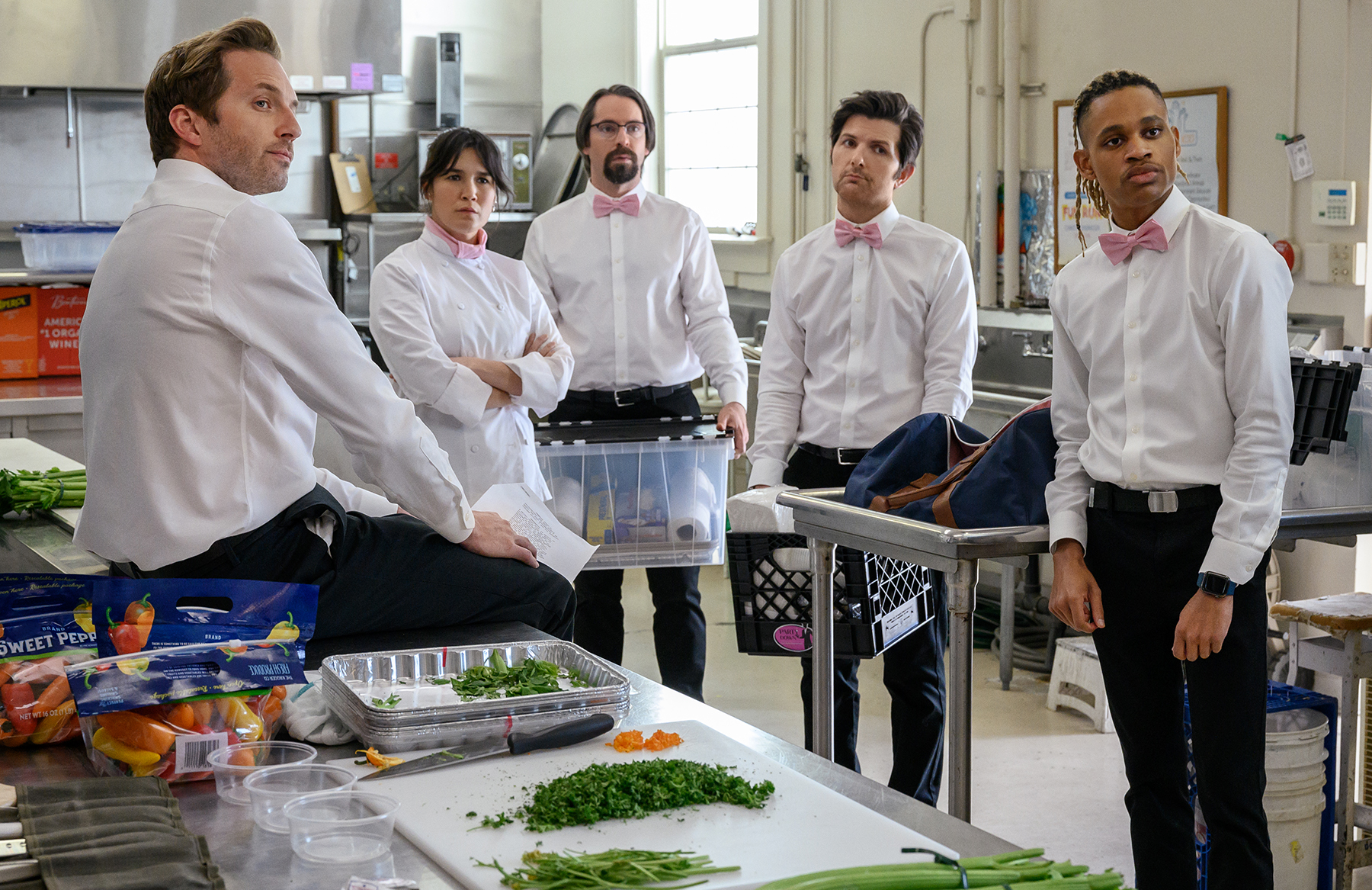 Ryan Hansen, Zoë Chao, Martin Starr, Adam Scott, and Tyrel Jackson Williams in Party Down