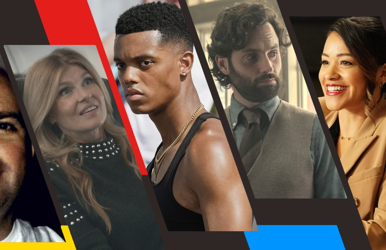 Connie Britton in Dear Edward, Jabari Banks in Bel-Air, Penn Badgley in You, and Gina Rodriguez in Not Dead Yet (Photos: Apple TV+/Peacock/Netflix/ABC; Primetimer graphic)