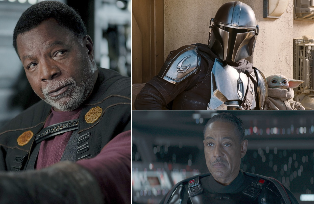 Carl Weathers, Pedro Pascal (and Baby Yoda), and Giancarlo Esposito in The Mandalorian (Photos: Disney+/Lucasfilm)