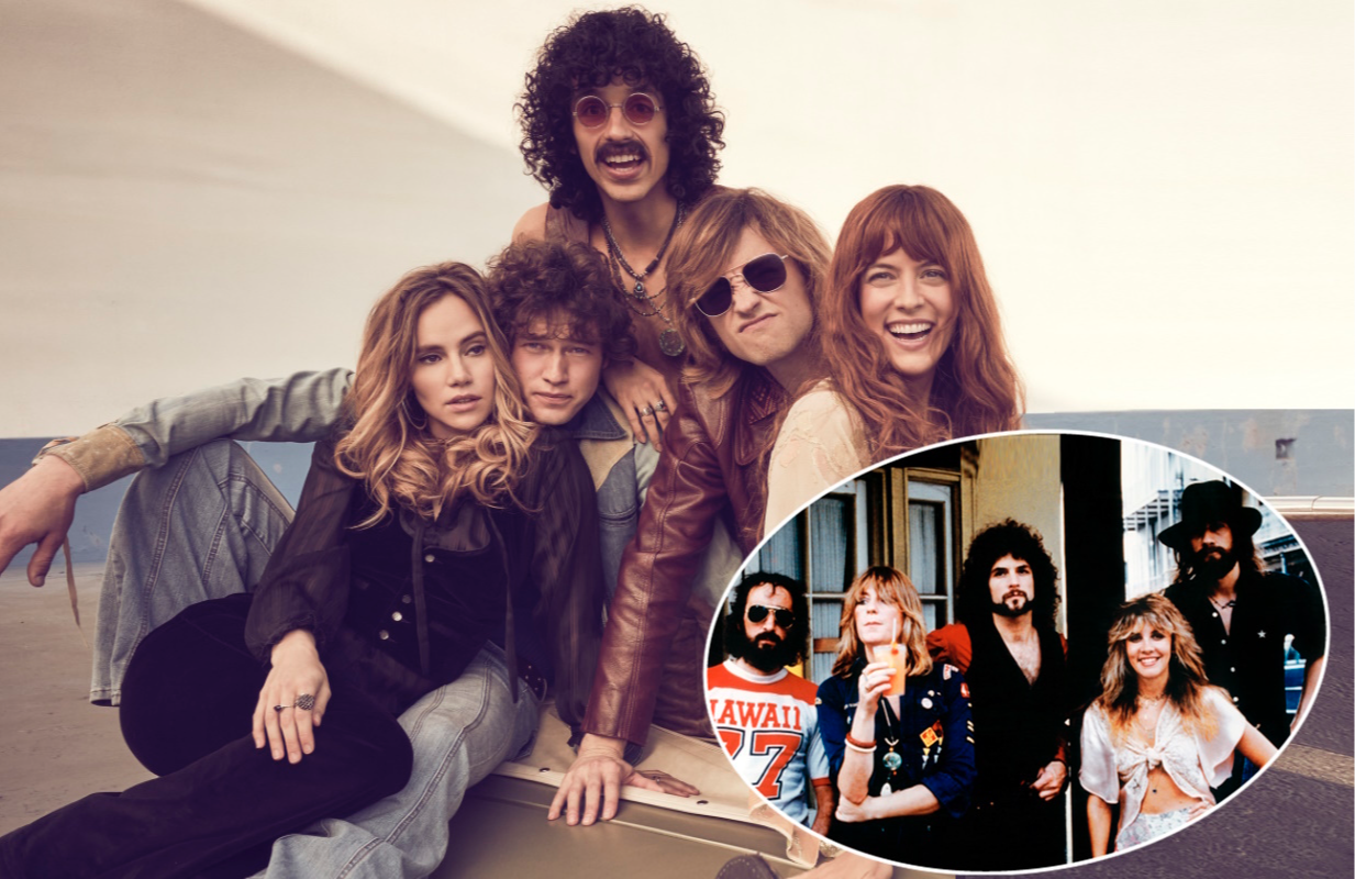 The cast of Daisy Jones &amp; The Six and (inset) Fleetwood Mac in the 1970s. (Photos: Prime Video and the Everett Collection / Primetimer graphic)