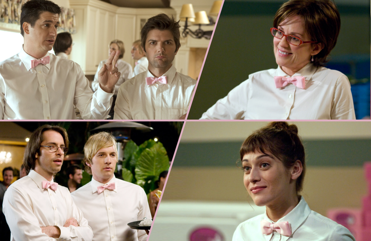 Clockwise: Ken Marino, Adam Scott, Lizzy Caplan, Martin Starr, and Ryan Hansen in Party Down (Photos: Everett Collection; Primetimer graphic)