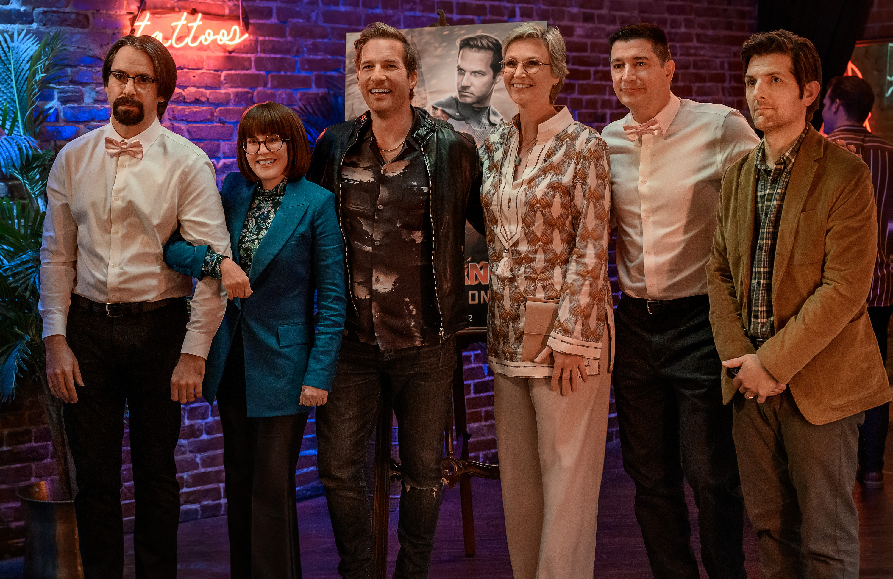 Martin Starr, Megan Mullally, Ryan Hansen, Jane Lynch, Ken Marino, and Adam Scott in Party Down (Photo: Starz)