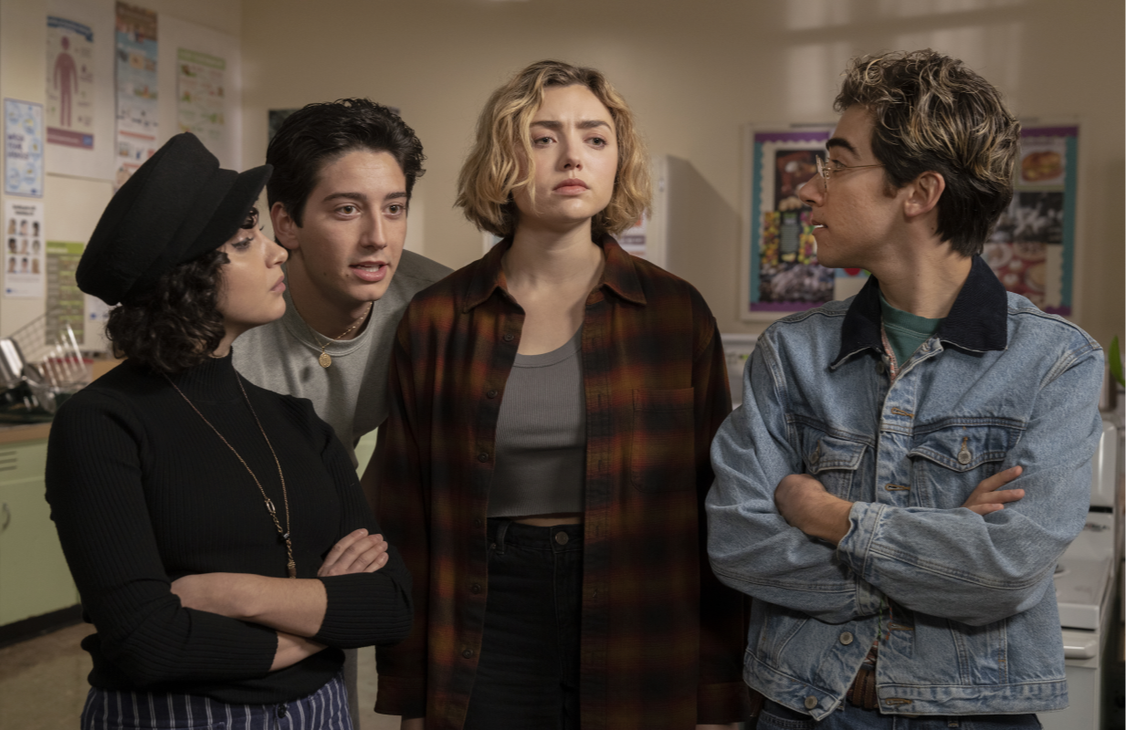 Sarah Yarkin, Milo Mannheim, Peyton List, and Nick Pugliese in School Spirits. (Photo Credit: Ed Araquel/Paramount+) 