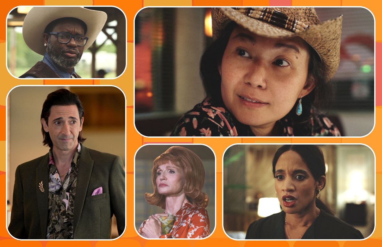 Clockwise: Adrien Brody, Lil Rel Howery, Hong Chau, Dascha Polanco, Ellen Barkin in Poker Face (Photos: Peacock; Primetimer graphic)