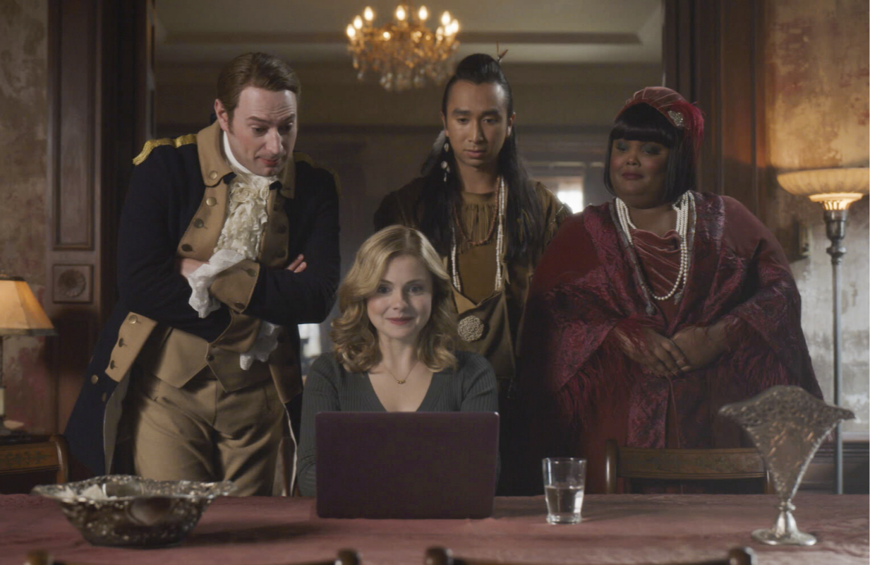 Brandon Scott Jones, Rose McIver, Román Zaragoza, and Danielle Pinnock read a draft of Isaac's book. (Photo: CBS)