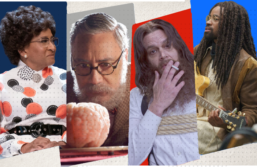 Wanda Sykes, Taika Waititi, Johnny Knoxville, and Jay Ellis in History of the World, Part II (Photo: Tyler Golden/Aaron Epstein/Patrick Wymore/Hulu; Primetimer graphic)