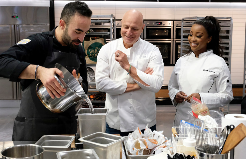 Charbel Hayek, Tom Colicchio, and Lorna Maseko in Top Chef: World All-Stars (Photo: David Moir/Bravo)