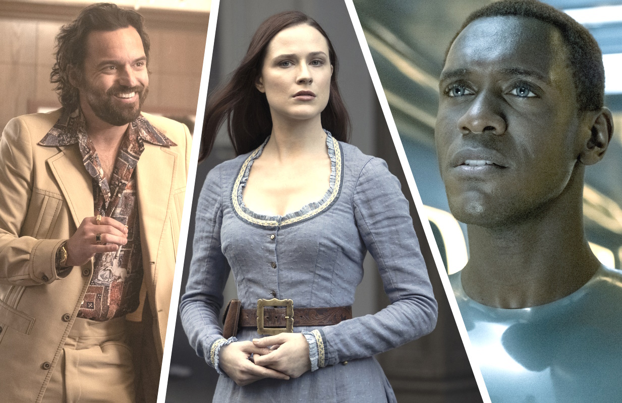 Jake Johnson in Minx, Evan Rachel Wood in Westworld, and Abubakar Salim in Raised by Wolves (Photos: HBO)