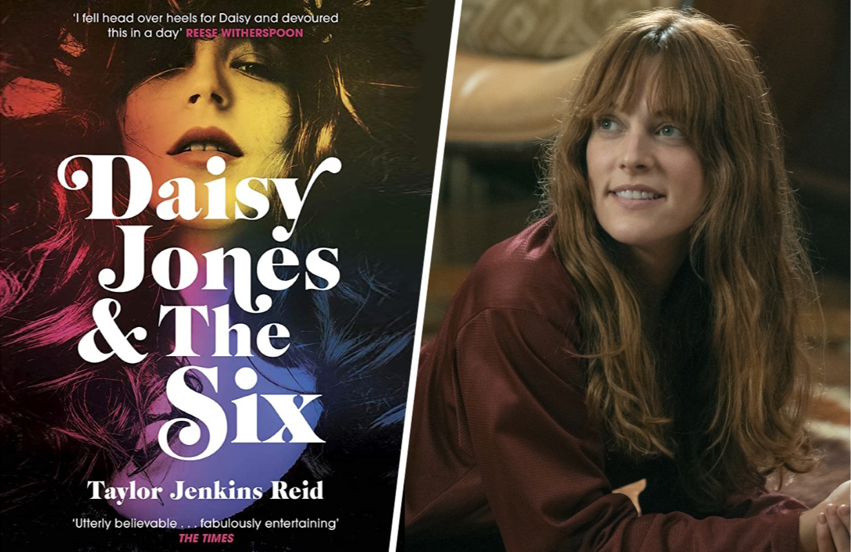 The cover of Daisy Jones &amp; the Six, plus Riley Keough as Daisy (Photo of Keough: Lacey Terrell/Prime Video)
