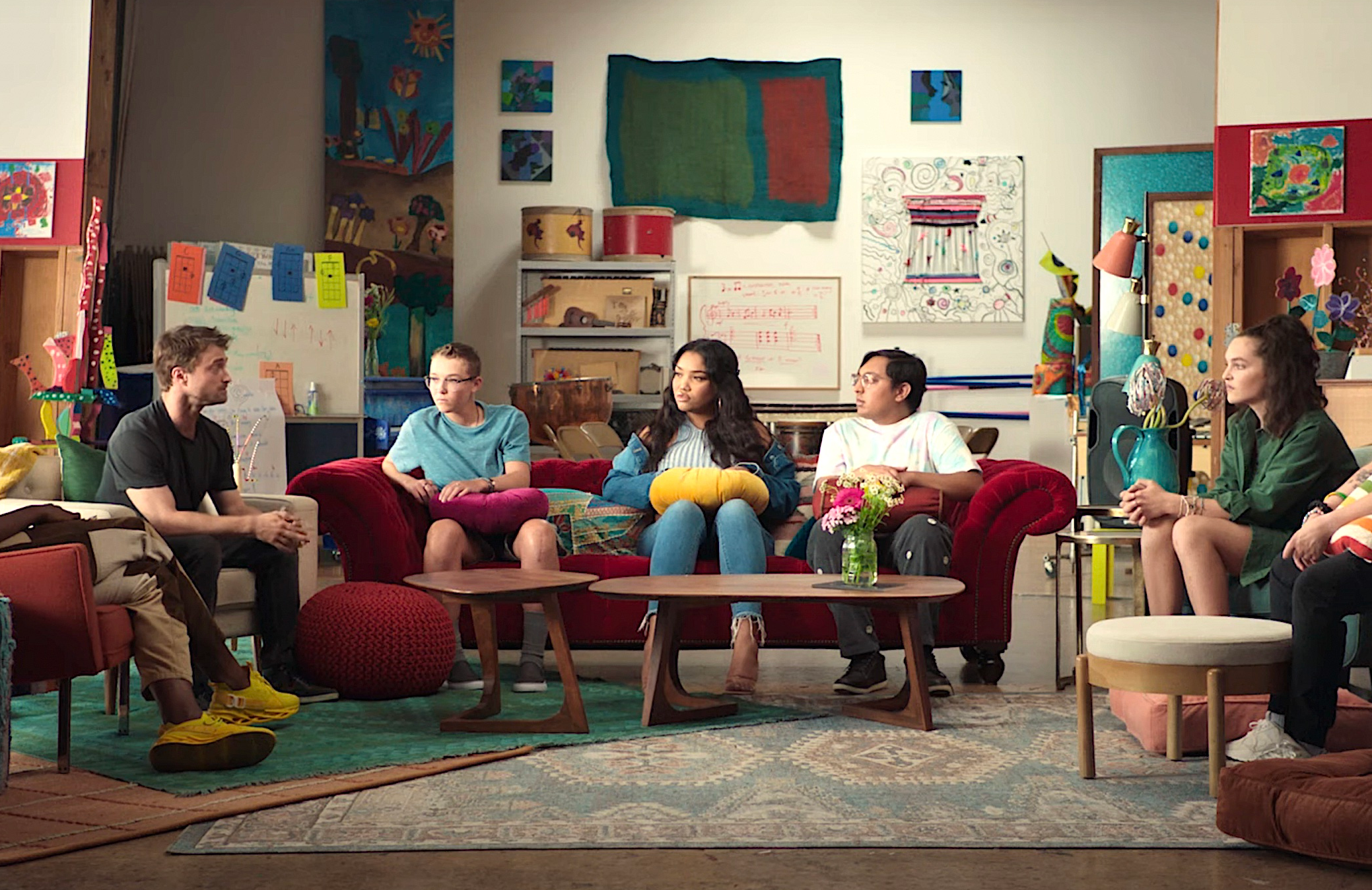 Daniel Radcliffe leads a discussion among a group of transgender and nonbinary young people in Sharing Space.