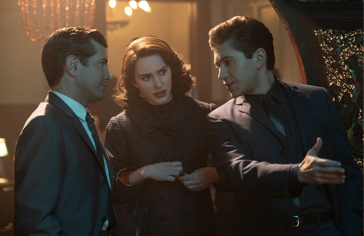 Joel Johnstone, Rachel Brosnahan, and Michael Zegen in The Marvelous Mrs. Maisel Season 5 (Photo: Philippe Antonello/Prime)