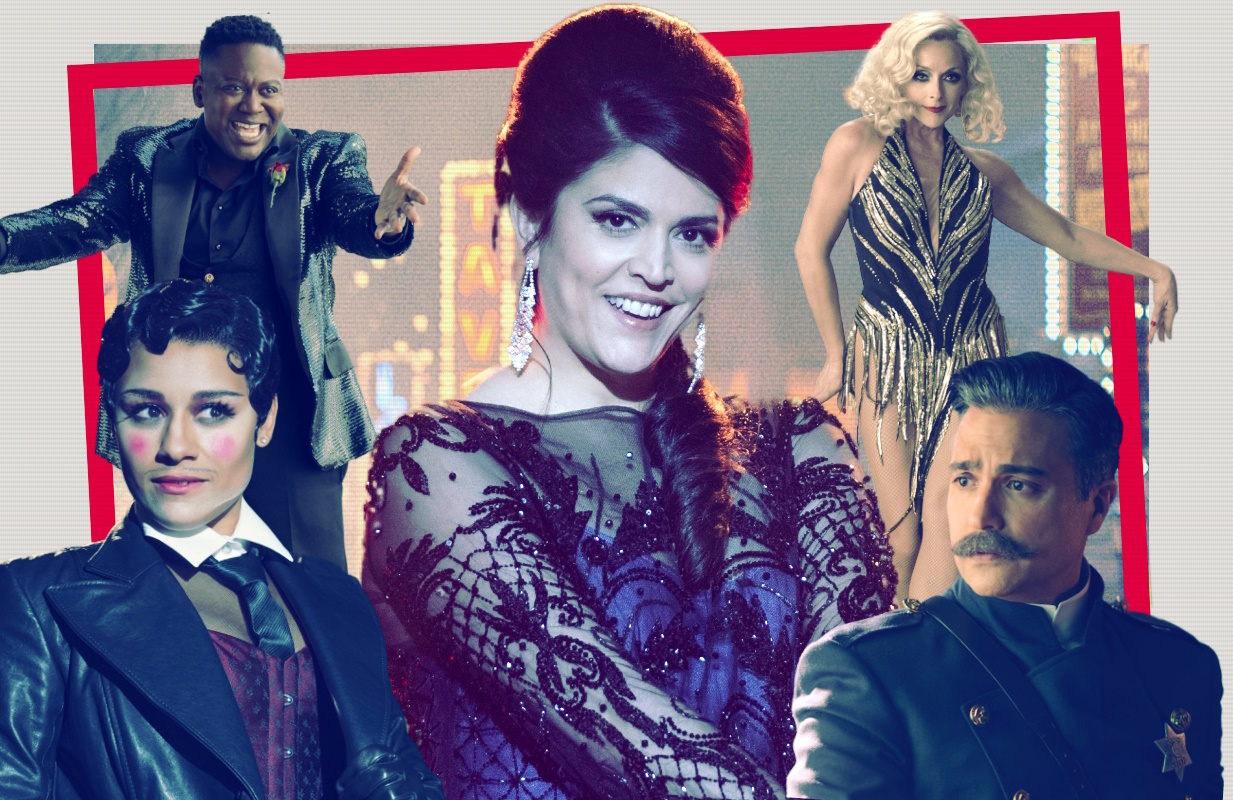 Ariana DeBose, Tituss Burgess, Cecily Strong, Jane Krakowski, and Jaime Camil in Schmigadoon! (Photo: Apple TV+; Primetimer graphic)