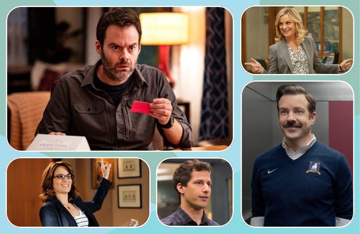 Clockwise: Tina Fey in 30 Rock; Bill Hader in Barry; Amy Poehler in Parks and Recreation; Jason Sudeikis in Ted Lasso; Andy Samberg in Brooklyn Nine-Nine