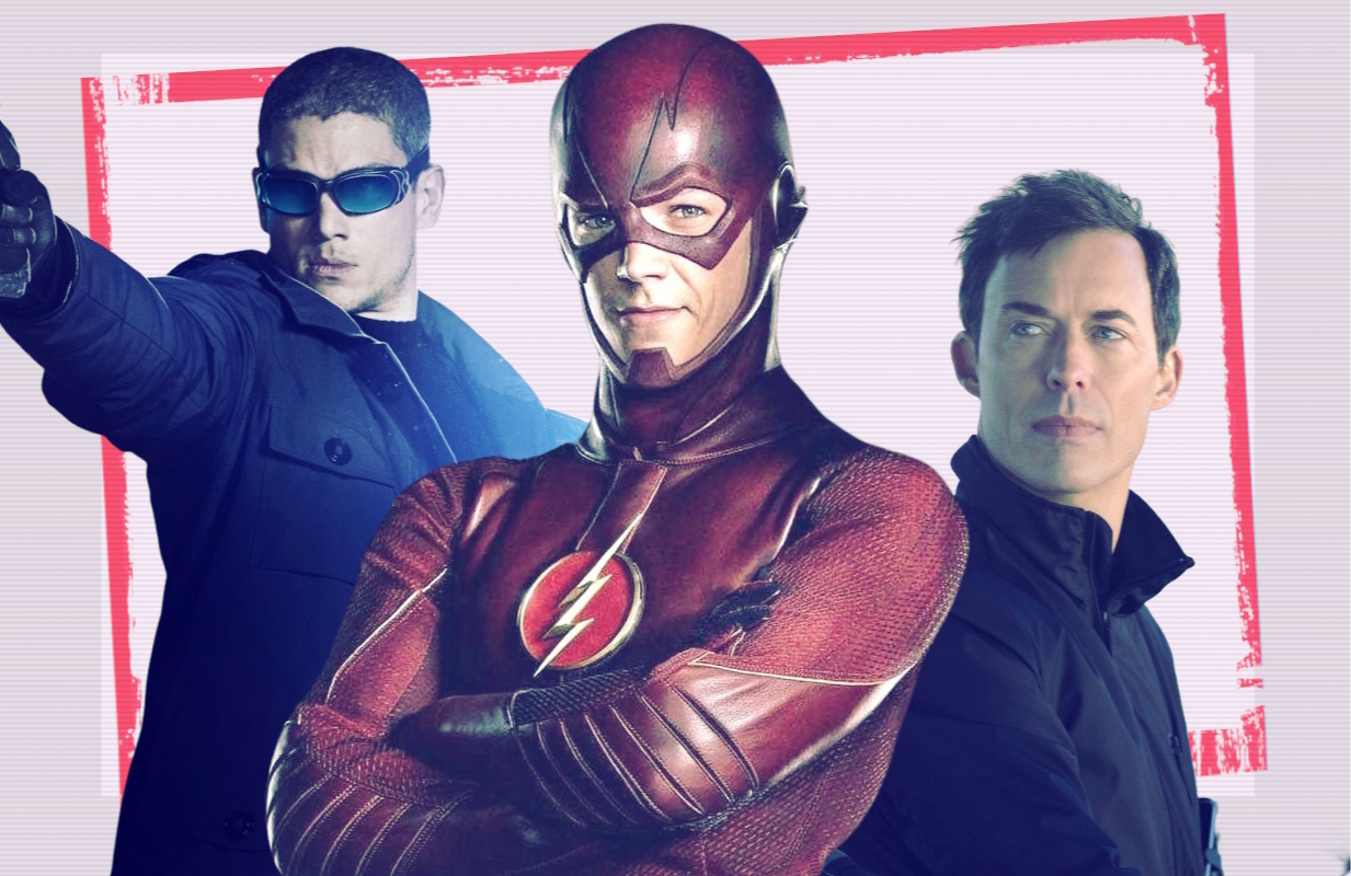 Left to right: Wentworth Miller, Grant Gustin, and Tom Cavanagh in The Flash (Photos: The CW; Primetimer graphic)