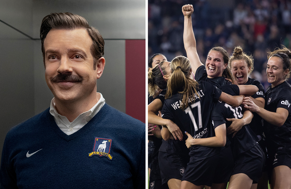 Jason Sudeikis in Ted Lasso; Angel City FC's Vanessa Gilles surrounded by her teammates. (Photos: Apple/Will Navarro/Courtesy Angel City Football Club/HBO)