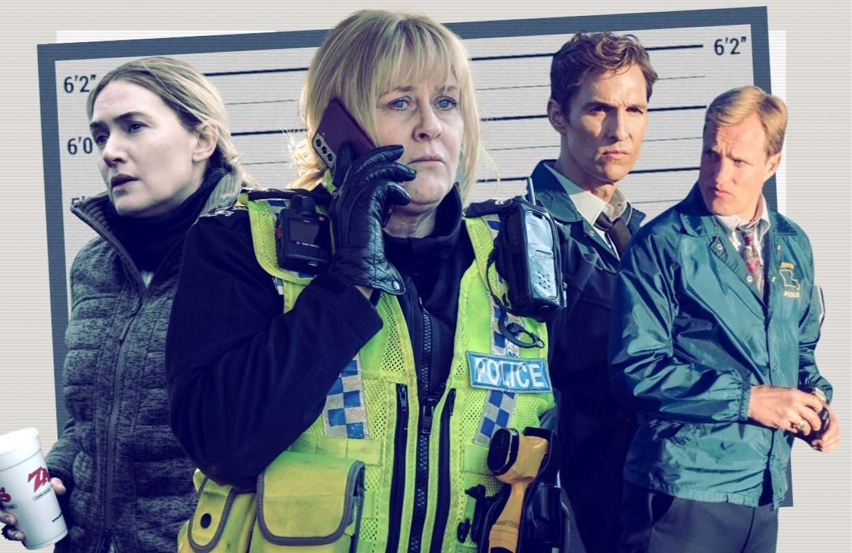 Kate Winslet in Mare of Easttown; Sarah Lancashire in Happy Valley; Matthew McConaughey and Woody Harrelson in True Detective (Photos: HBO/BBC; Primetimer graphic)