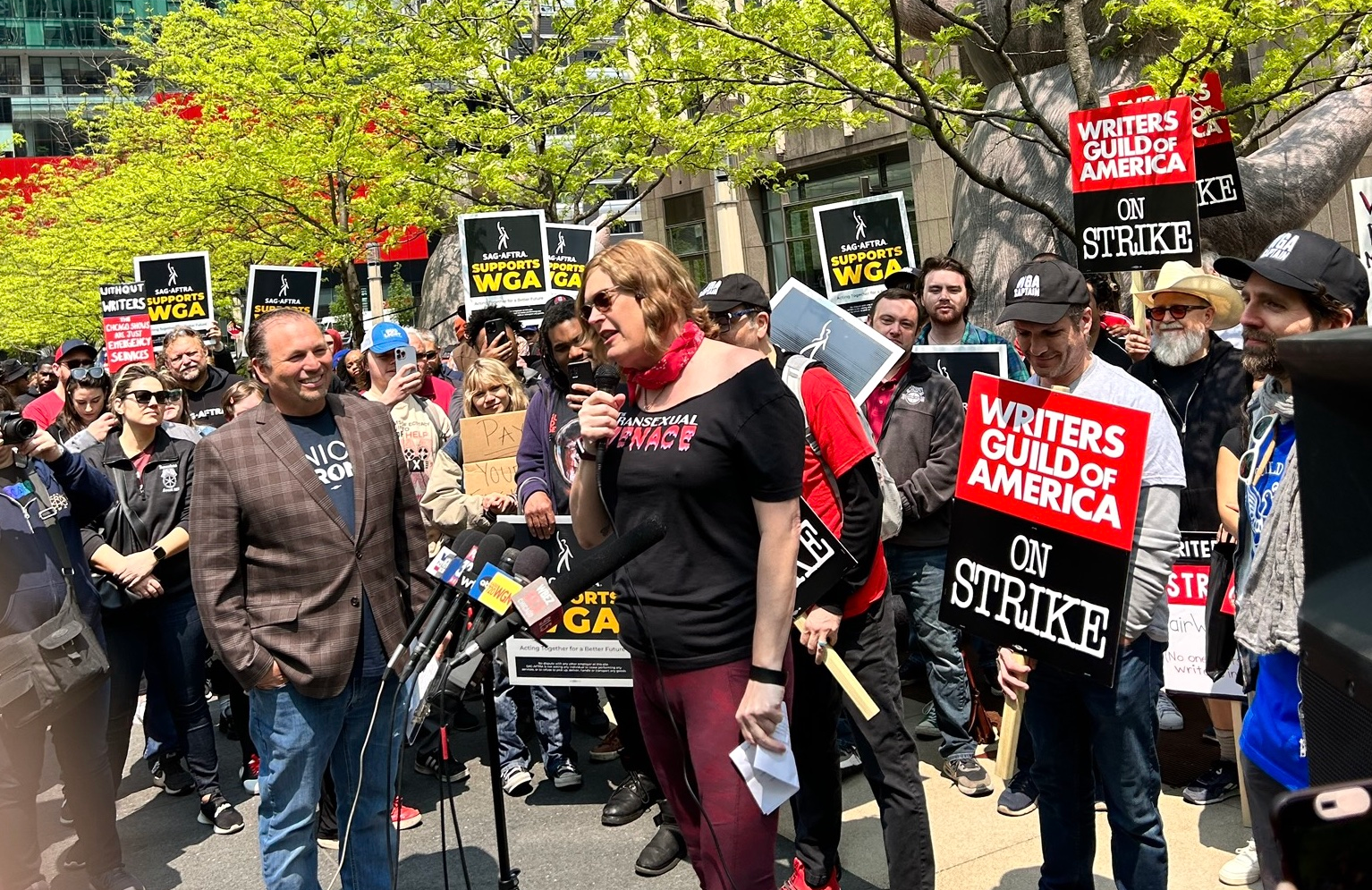 Lilly Wachowski at the WGA picket line in Chicago on May 17. (Photo: Brianna Wellen)