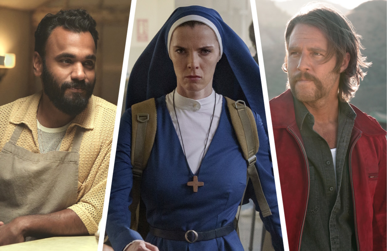 Andy McQueen, Betty Gilpin, and Jake McDorman in Mrs. Davis (Photos: Peacock)