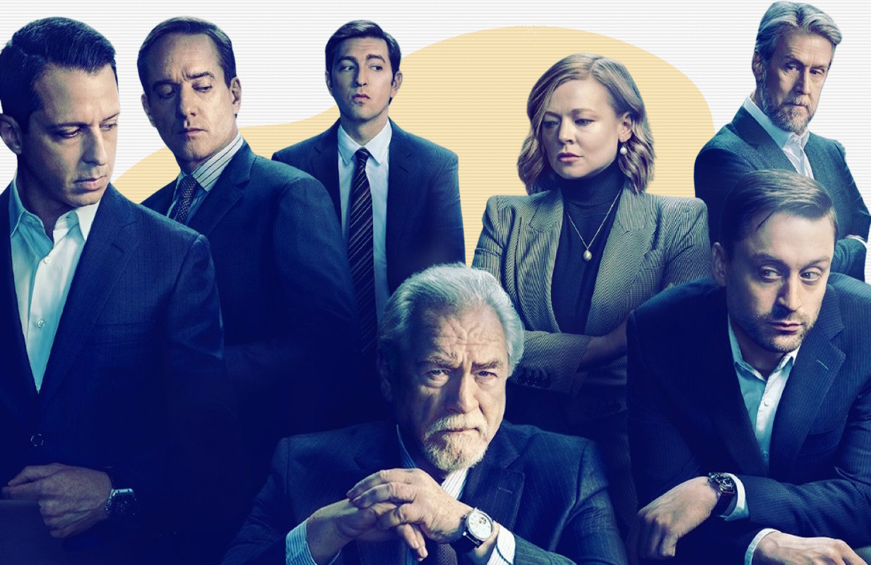 Jeremy Strong, Matthew Macfadyen, Nicholas Braun, Brian Cox, Sarah Snook, Kieran Culkin, and Alan Ruck (photo: HBO)