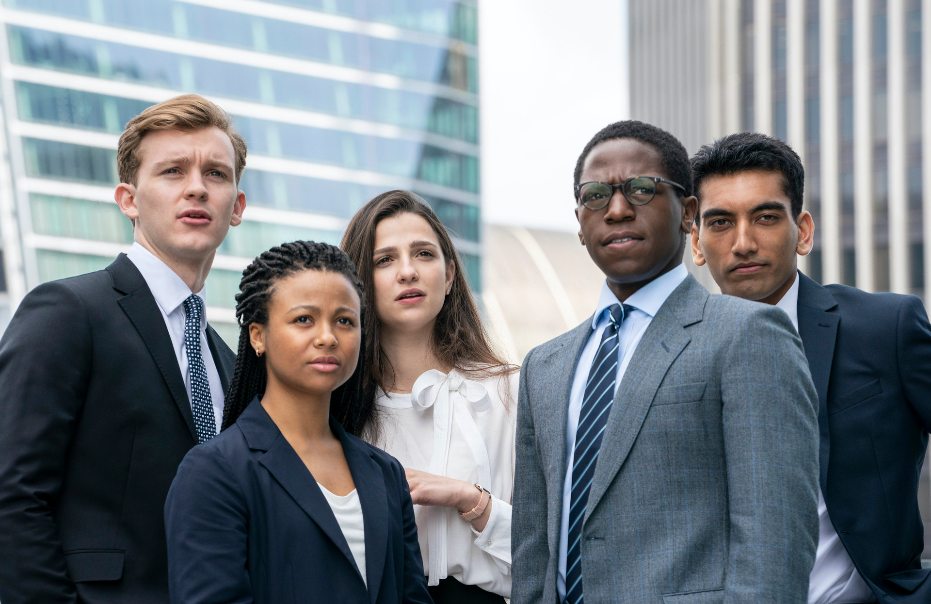 Harry Lawtey, Myha’la Herrold, Marisa Abela, David Jonsson, and Nabhaan Rizwan in Industry (Photo: Amanda Searle/HBO)