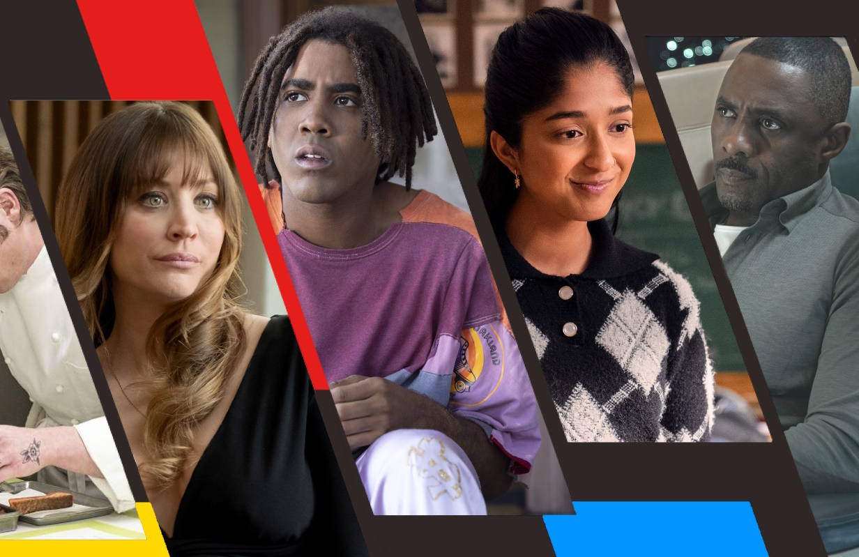 Kaley Cuoco in Based on a True Story; Jharrel Jerome in I'm a Virgo; Maitreyi Ramakrishnan in Never Have I Ever; Idris Elba in Hijack (Photos: Peacock/Amazon Studios/Netflix/Apple TV+; Primetimer graphic)