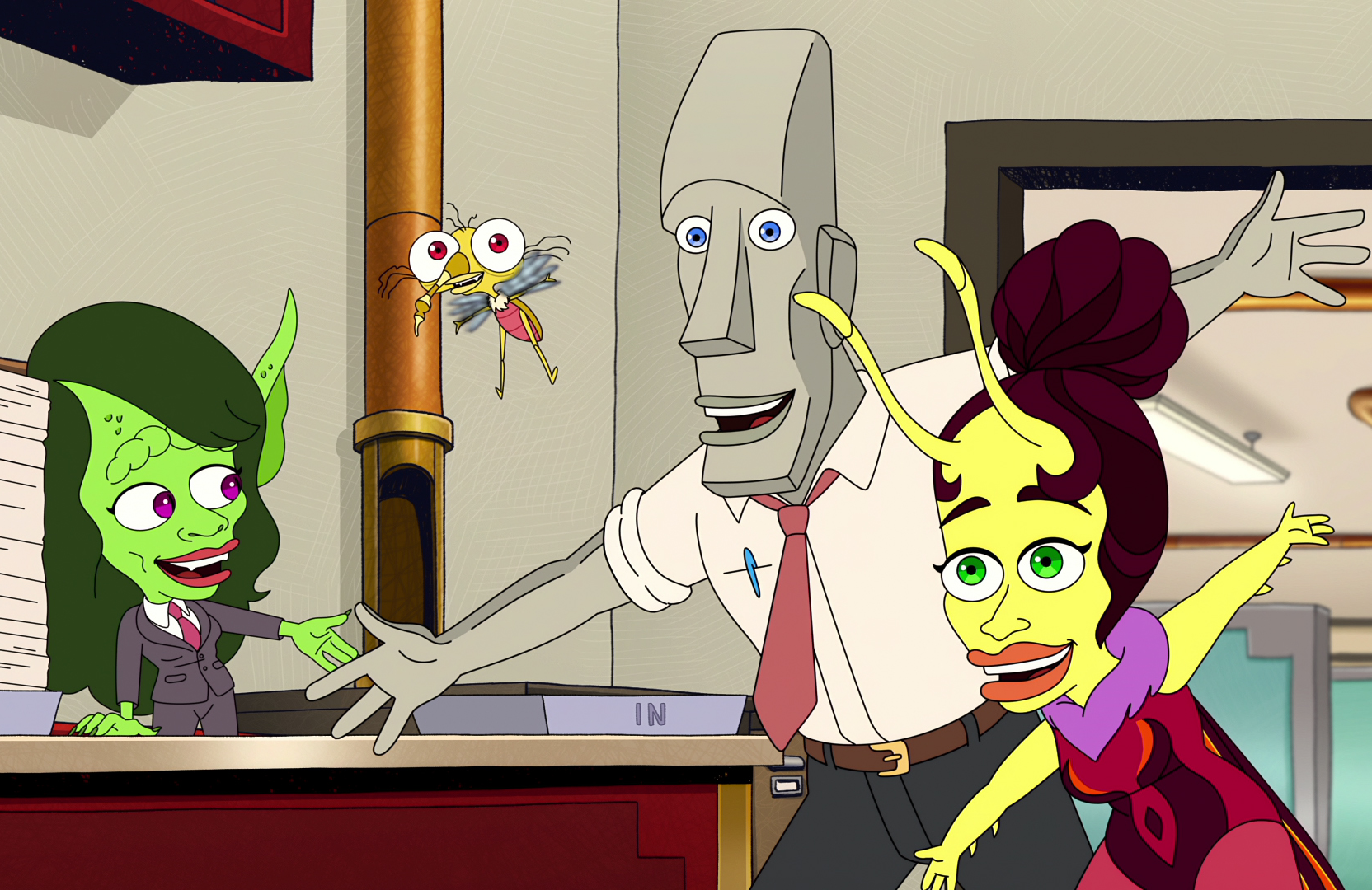 Rosie Perez as Petra the Ambition Gremlin, Maria Bamford as Tito the Anxiety Mosquito, Randall Park as Pete the Logic Rock, and Keke Palmer as Rochelle the Lovebug in Human Resources (Photo: Netflix)