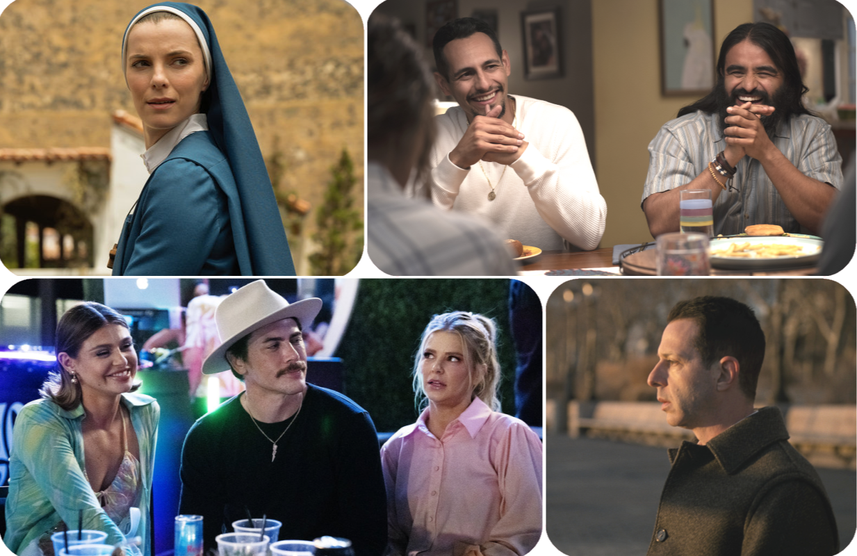 Clockwise: Mrs. Davis, Primo, Vanderpump Rules, Succession (Photos: Peacock/Amazon Studios/Bravo/HBO)