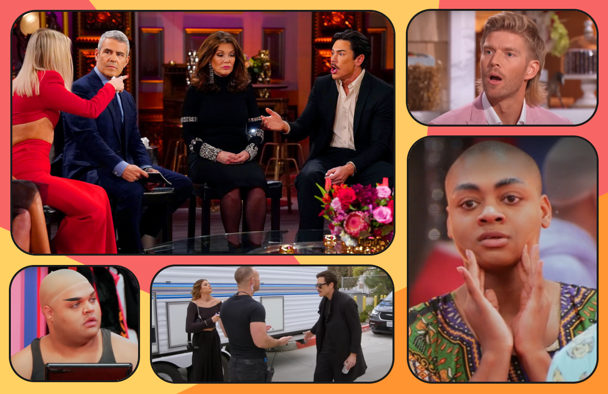 Andy Cohen, Tom Sandoval, Ariana Madix, Lisa Vanderpump, Kyle Cooke, Kandy Muse, and Heidi N Closet (photos: Bravo, Paramount+)