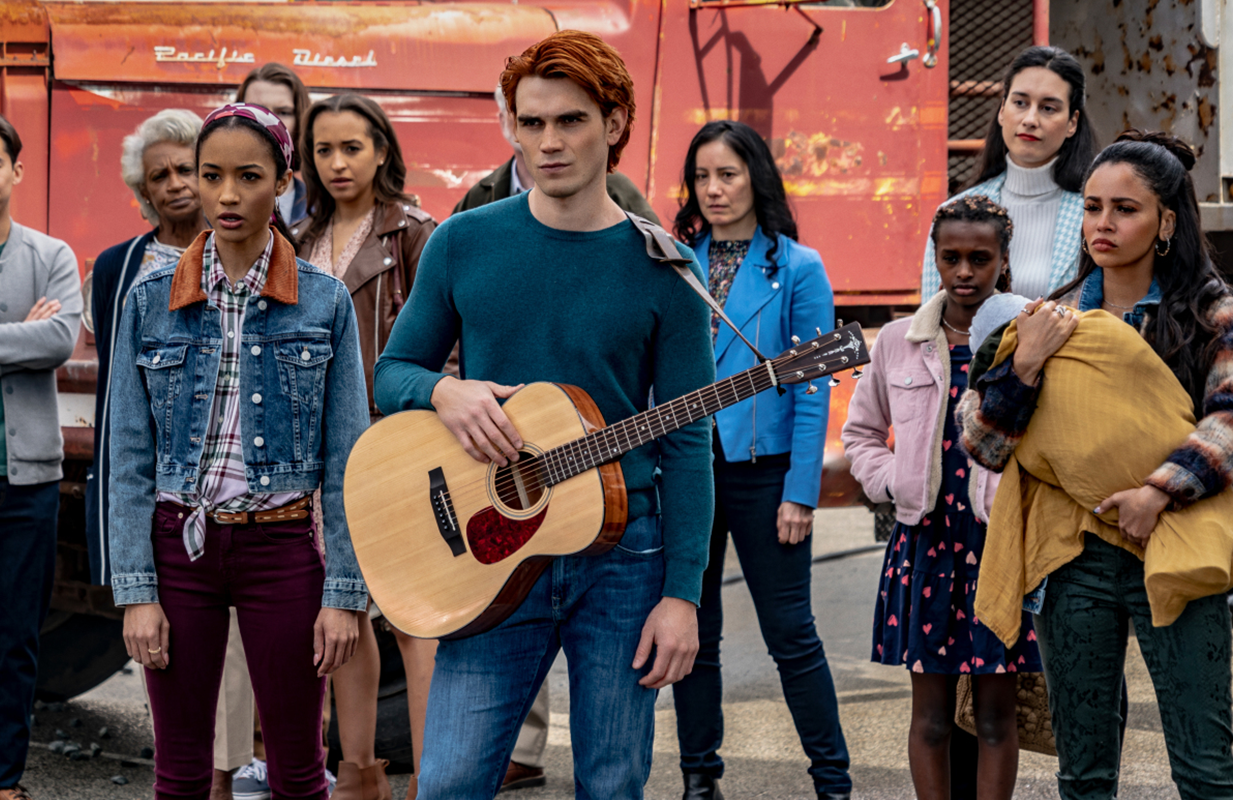 Erinn Westbrook, KJ Apa, and Vanessa Morgan in Riverdale Season 6. (Photo: Colin Bentley/The CW)