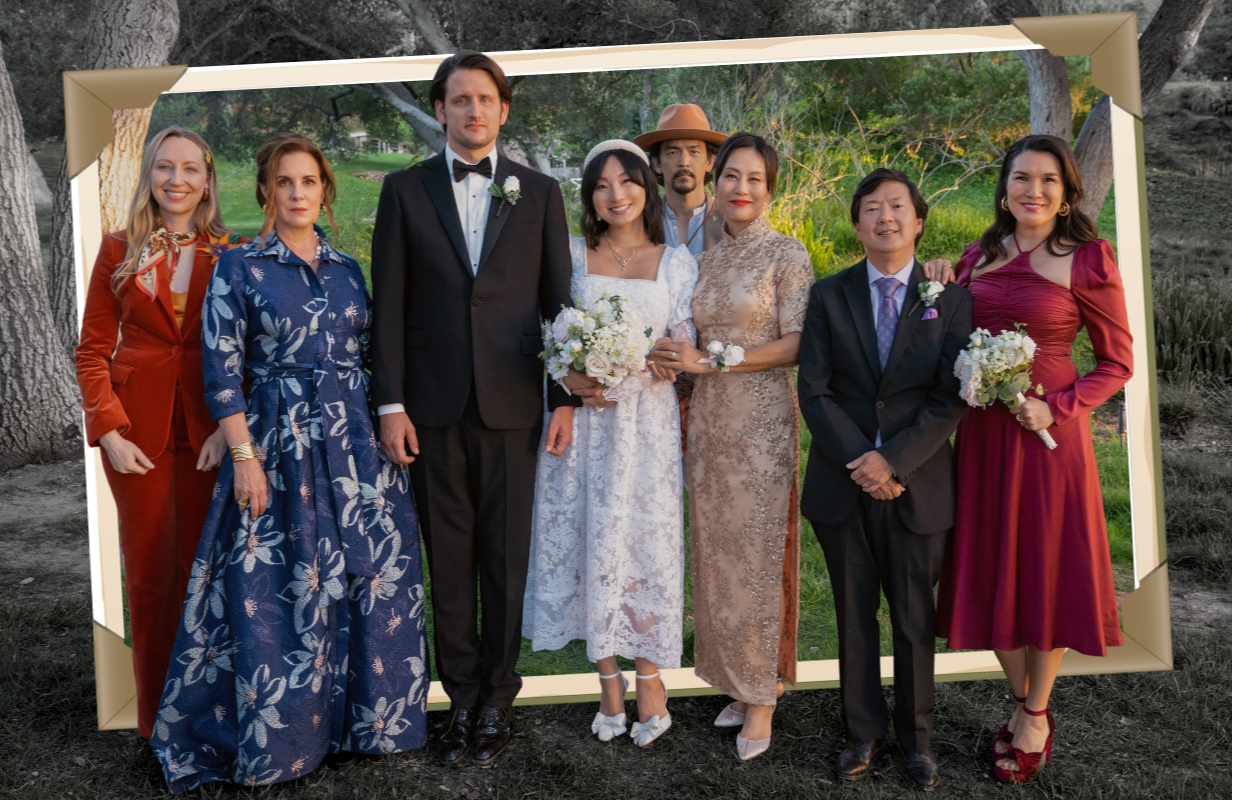 Anna Konkle, Elizabeth Perkins, Zach Woods, Poppy Liu, John Cho, Vivian Wu, Ken Jeong, and Zöe Chao in The Afterparty (Photo: Apple TV+, Primetimer graphic)