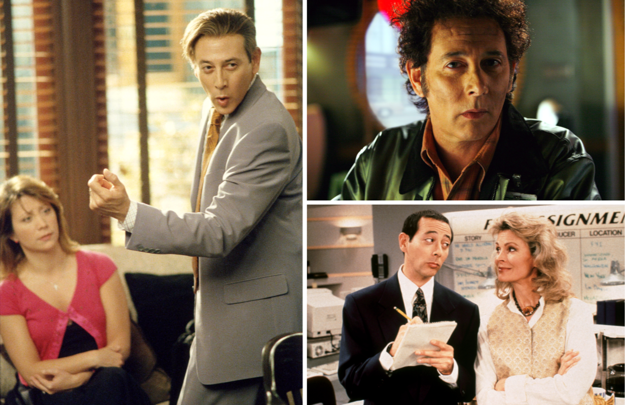 Clockwise: Paul Reubens and Cheri Oteri in Ally McBeal; Reubens in Pushing Daisies, Reubens and Candice Berge in Murphy Brown (Photos: Everett Collection)